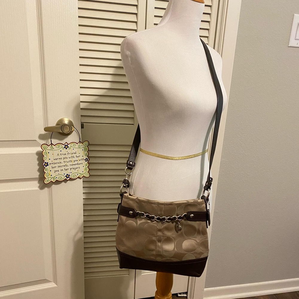 Coach Purse; Beige/Brown; Cloth/Leather; Adjustable Strap; Never Used